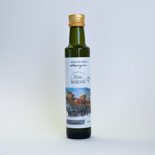 Garrafa de 250ml de azeite de oliva extravirgem da marca Casa Marchio, variedade Koroneiki